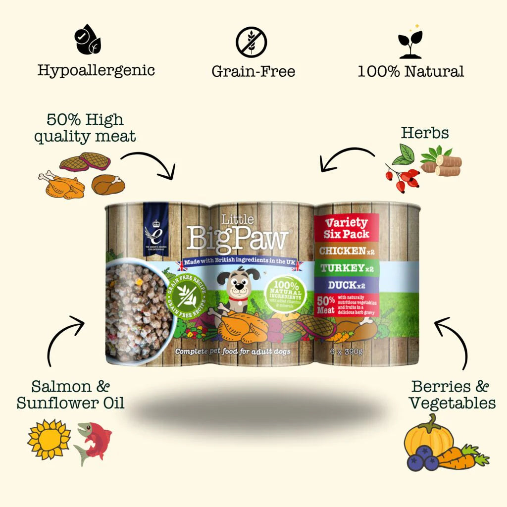 Little Big Paw Variety Pack- 6 units of 390 Grams (Chicken, Duck, Turkey -2 Packs Each)