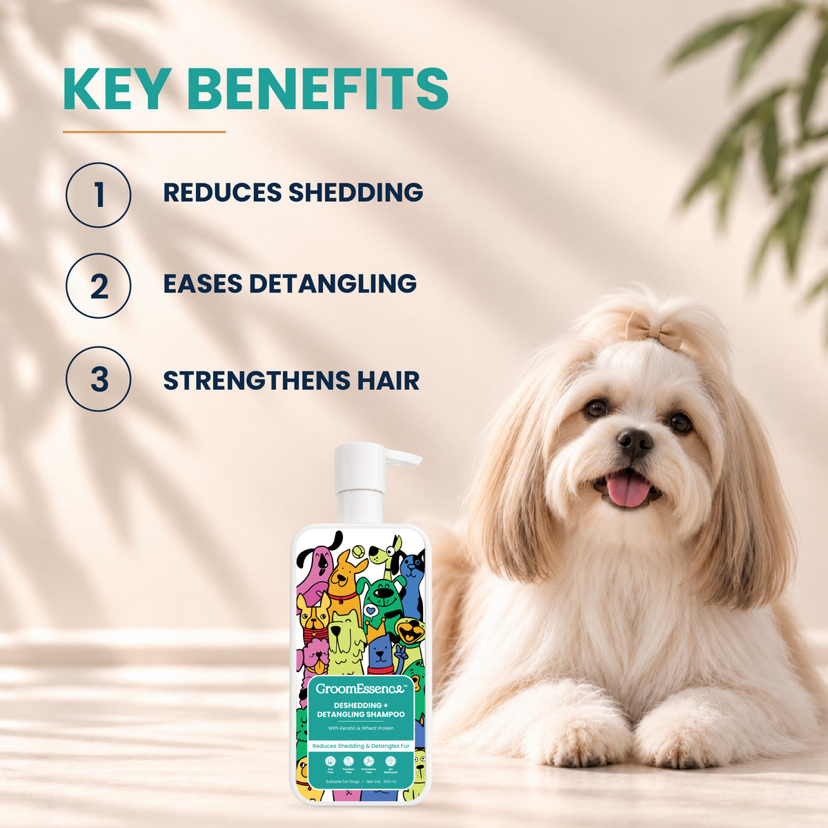 Deshedding + Detangling Dog Shampoo with Keratin & Wheat Protein | Gentle Pet Shampoo for Dogs | 300 ml