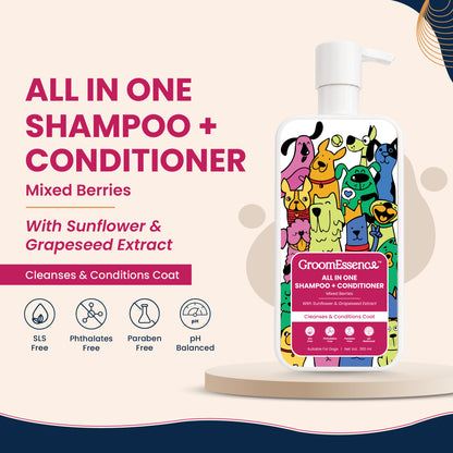 All in One Shampoo + Conditioner for Dogs with Sunflower & Grapeseed Extract | Gentle Shampoo + Conditioner for Dogs | 300 ml